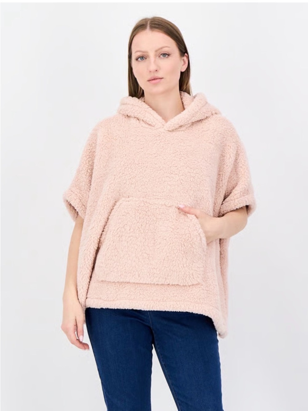Jenni Plush Hooded Poncho in Light Pink Sherpa, One Size Fits Most, Like 🆕!